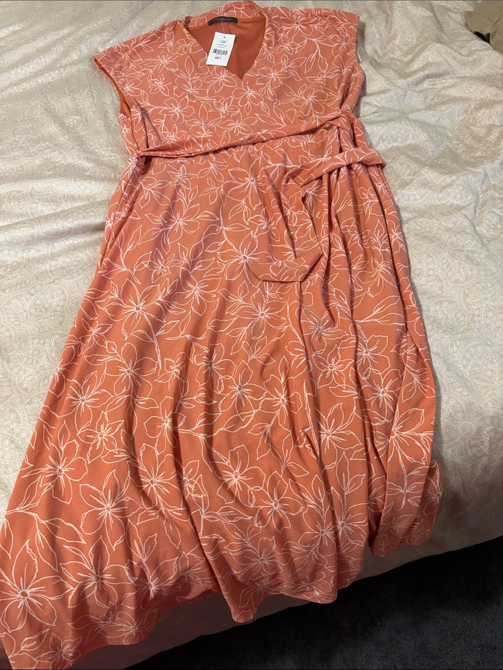 NWT Suzy Shier Coral Floral V-Neck Midi Dress with Belt
